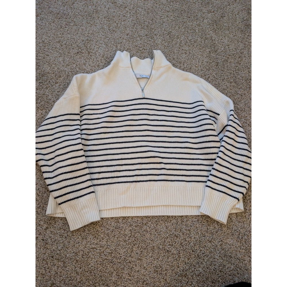 Mango MNG Women Cream Navy Blue Striped Quarter Zip Ribbed Pullover Sweater M